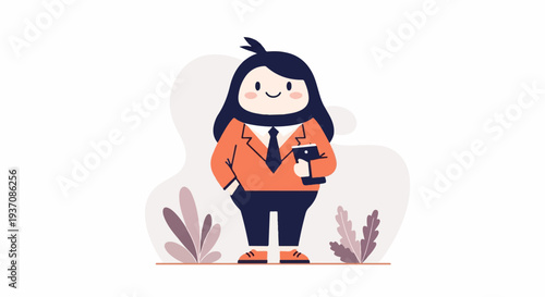 A stylized, plump person in a suit holds a smartphone in a minimalist, abstract setting