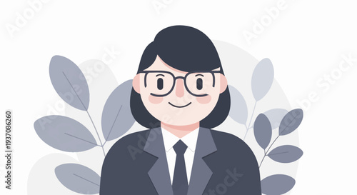 Professional woman with glasses and suit, surrounded by stylized leaves and soft background shapes