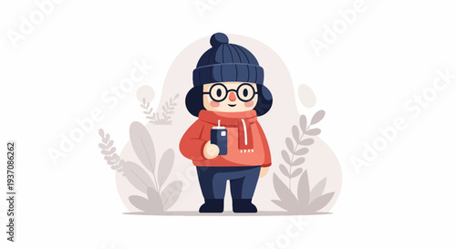 A cheerful, round character in winter attire holds a drink and stands amid stylized foliage