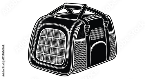 A black and white illustration of a pet carrier likely for small dogs or cats high quality professional