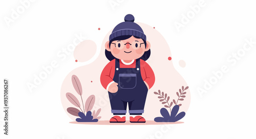 Cute character in a beanie and overalls with plants