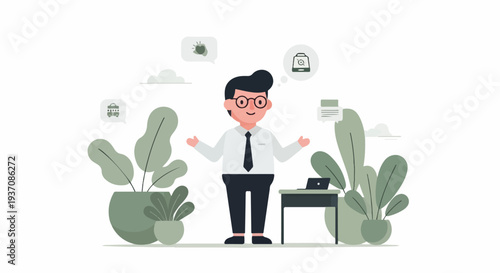 Cheerful employee with plants and work icons in a modern office
