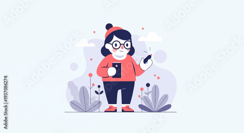 Cartoonish character wearing glasses and a hat, holding a phone and a stylus