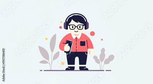 Stylized figure with headphones and phone, surrounded by abstract foliage and dots