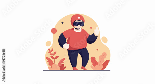 Person in virtual reality headset, waving hand, surrounded by abstract shapes and plants