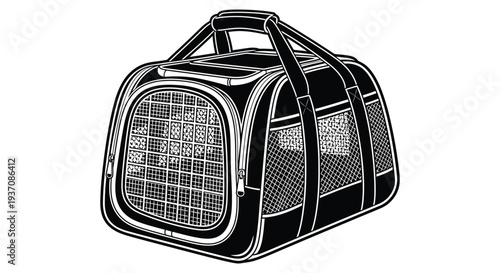 A black and white illustration of a pet carrier with a mesh design and carrying handle