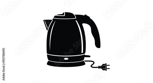 Black silhouette of an electric kettle with a power cord and plug isolated on white