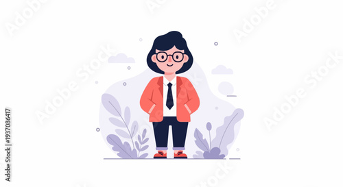 Stylized figure with glasses, coral jacket, dark tie, navy pants, and red shoes