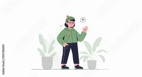 A person in a green jacket and hat waves hello, with potted plants around