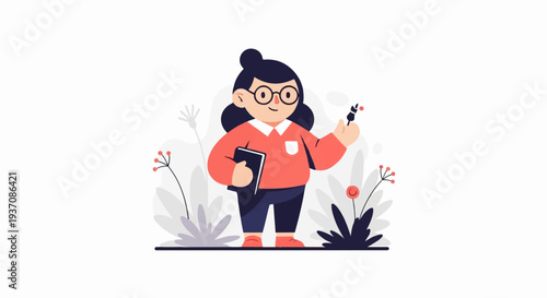 A cartoon character with glasses and a bun holds a book and a paintbrush