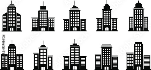 Black silhouette collection of city buildings, skyscraper icons, urban office architecture, and apartment towers isolated on white background cad drawing flat vector illustration