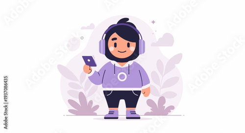 Cheerful cartoon character with headphones and phone, surrounded by pastel leaves and clouds