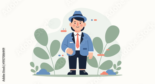 A stylized man in a blue suit and hat stands among abstract green plants and small red and blue dots