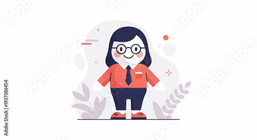 Adorable cartoon character wearing glasses and a tie, standing amidst decorative plants