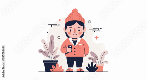 A cheerful person in a beanie holds a phone amidst decorative plants and abstract shapes
