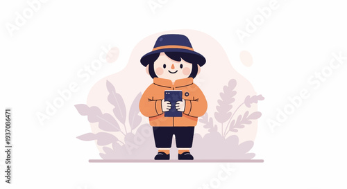 A cute, stylized child in an orange jacket and blue hat holds a phone amidst soft, muted foliage