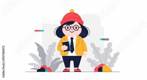 Cheerful character in yellow jacket, red beanie, and glasses, holding a book