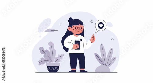 Cheerful person holding a cup, looking up at a heart symbol in a speech bubble