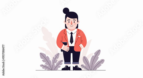 A person in a red blazer, black tie, and trousers, holding a phone