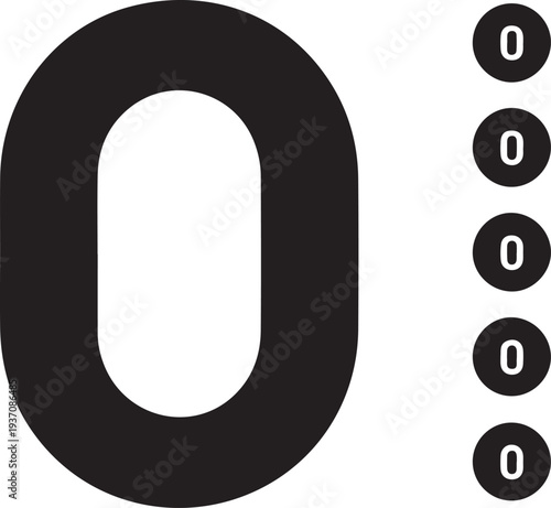 Black number zero vector icon with five small zeros