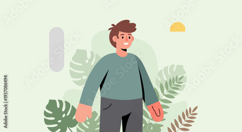 Cheerful young man with dark hair stands amidst tropical foliage and abstract shapes under a sun