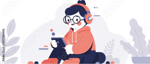 Person wearing headphones and glasses uses a tablet while sitting among plants