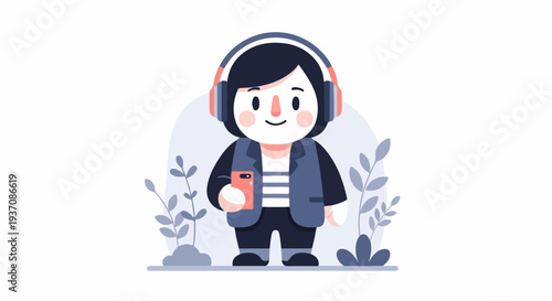 A stylized, cartoonish character with headphones and a phone, surrounded by abstract floral elements