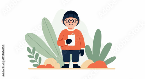 A character in warm attire stands with a notepad amidst abstract foliage