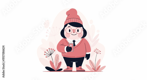 A stylized person wearing a hat, glasses, and warm clothing, holding a phone