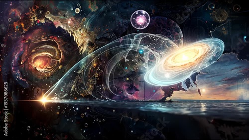Cosmic scene depicting the evolution of galaxies and celestial bodies, showcasing vibrant colors and intricate patterns across the universe with a tranquil ocean in the foreground
