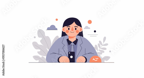 A stylized cartoon person in a suit holds a smartphone, surrounded by abstract shapes