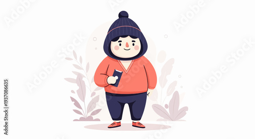 A stylized, chubby person in winter attire holds a book and stands amidst soft-hued foliage