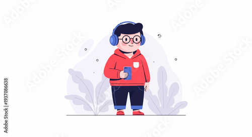 A cartoon person with headphones and a phone stands amid abstract foliage