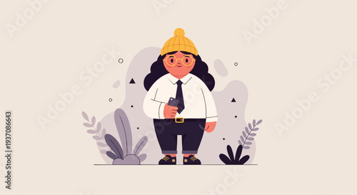 Stylized character with beanie, glasses, tie, and phone, surrounded by abstract shapes and plants