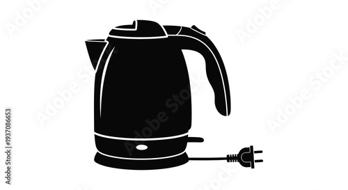 A black silhouette of an electric kettle with a plug isolated on a white background