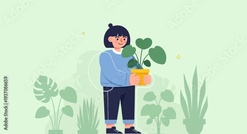 Minimalist illustration of a person holding a potted plant among other green houseplants