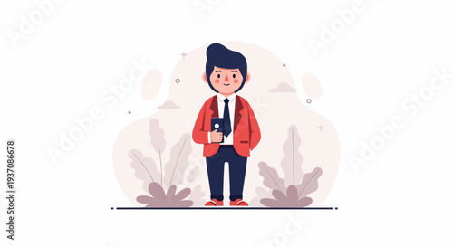 Cartoon man in a red suit with a tie holds a phone, amidst stylized plants and clouds