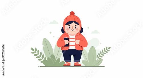 A playful cartoon child in an orange outfit and hat holds a phone amidst green foliage