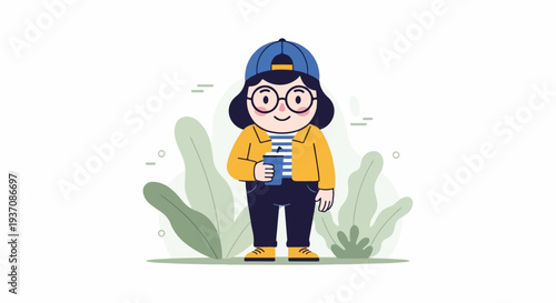 A cute, stylized character in casual clothes holds a drink, with leafy plants in the background