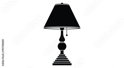 A simple black silhouette of a classic table lamp with a flared shade and ornate base