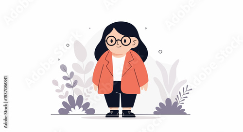 Cartoon woman wearing glasses and an orange blazer with plants