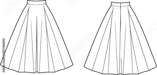 MobileFashion Technical Sketch of Women High Waisted Full Circle Pleated Maxi Skirt Featuring Flared Silhouette and Tailored Waistband Vector Illustration Design Template for Apparel (25 words)