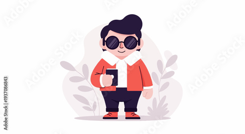 Cartoon character with dark hair, sunglasses, red jacket, dark pants, and red shoes