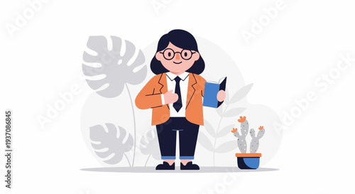 Stylized illustration of a person in a blazer, holding a book, with plants