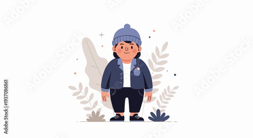 A cute cartoon person wearing a beanie and jacket, surrounded by leaves and dots