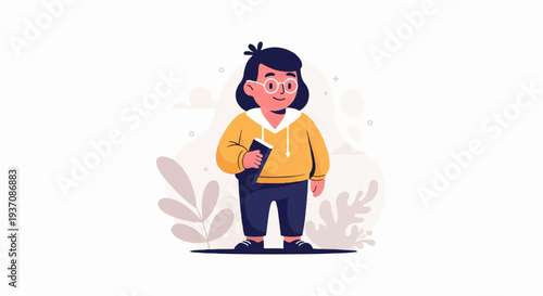 Cheerful child with glasses, holding a book, stands amidst abstract floral art