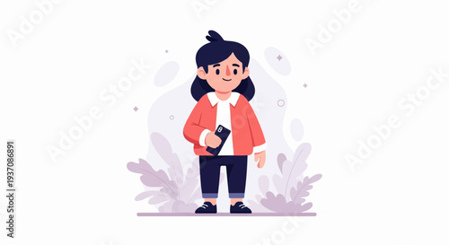 A young person in a red jacket and blue pants holds a smartphone, surrounded by soft purple plant-like shapes