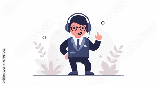 Cheerful businessman with headphones gestures enthusiastically in a modern office setting