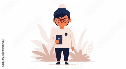 A stylized, flat illustration of a person wearing a beanie and glasses, holding a tablet