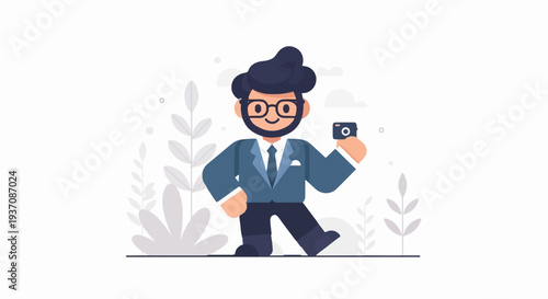 Cartoon man in suit with glasses and beard takes photo with camera near plants